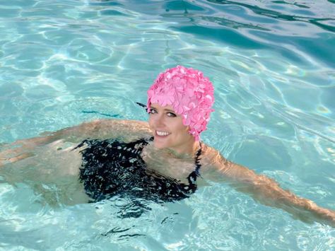 woman in vintage swimsuit pink flowered rubber bathing cap Bathing Cap, Swimsuit Pink, Vintage Swimsuit, Google Translate, Swim Caps, Pink Swimsuit, The Pool, Sleep Eye Mask, Star Wars