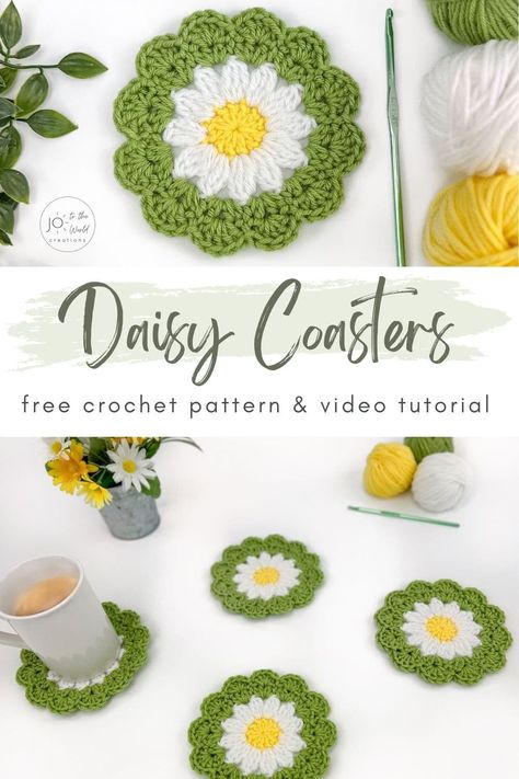 Daisy Flower Coaster - Free Crochet Pattern | Jo to the World Creations Crochet Coasters Free Pattern, Coaster Pattern, Crochet Coaster Pattern, Crochet Coaster, Small Crochet, Crochet Daisy, Crochet Flower Patterns, Diy Crochet Projects, Crochet Coasters