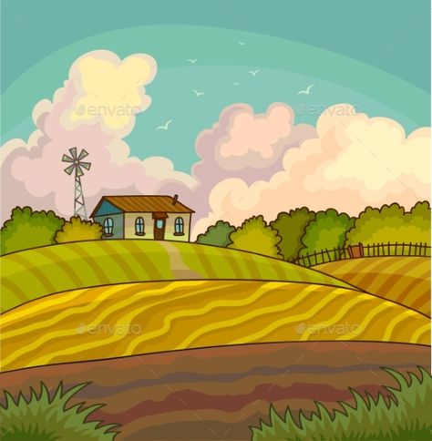 Field Background Drawing, Country Side Drawing, Farm Background, Farm Illustration, Agriculture Background, Field Illustration, Landscape Meadow, Landscape Field, Summer Vector