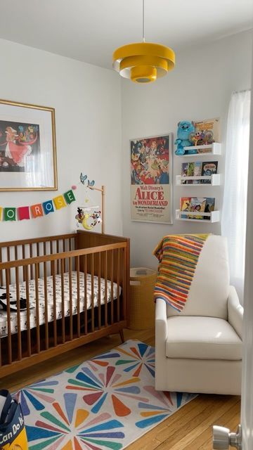 Rosy Feliciano-Hernandez on Instagram: "Margo’s Magic Kingdom✨ The nursery is finally complete! It took so much effort, time and patience to find all of these vintage pieces but it was very worth it! #nursery #nurseryreveal #disneynursery #disney #magickingdom #magickingdomnursery #disneytheme" Old School Disney Nursery, Nursery Ideas For Apartments, Disney World Nursery Theme, Vintage Disney Baby Nursery, Nursery Primary Colors, Eclectic Nursery Gender Neutral, Primary Colors Nursery, Colorful Nursery Boy, Colorful Baby Boy Nursery