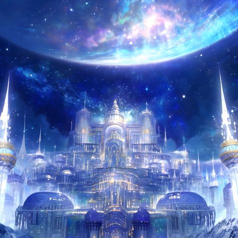 Fantasy Moon Castle, Moon Palace Fantasy Art, Moon Royalty Aesthetic, Space Castle Aesthetic, Moon Kingdom Fantasy Art, Castle In Space, Galaxy Castle, Celestial Castle, Celestial Palace