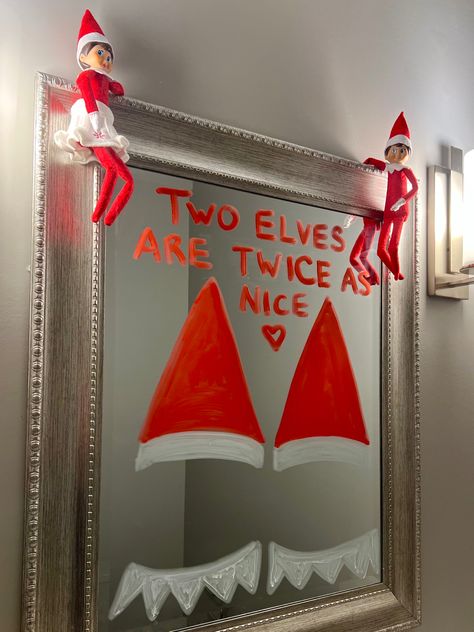 2022 Day 1: Cocoa the Scout Elf left a note on the mirror saying “two elves are twice as nice” and brought a 2nd elf friend back from the North Pole. She later recieved her name from the children. Introducing: Sprinkles the Scout Elf! Elf On The Self With 2 Elfs, Elfs Come Back Ideas, Elf On The Shelf Ideas For Kids Who Are Misbehaving, Elf Is Back With A Friend, Im Back And Brought A Friend Elf, Take An Elfie Mirror, Elf Has Arrived, Elf’s Are Back Ideas, Welcoming A Second Elf On The Shelf