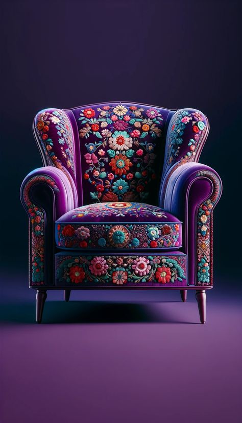 This plush armchair boasts a deep purple velvet elegance, ornamented with vibrant floral embroidery, marrying traditional craftsmanship with bohemian charm #VelvetVogue #BohemianChic #EmbroideryArt #FurnitureFashion #PurplePassion Funky Armchairs, Purple Armchair, Purple Velvet Sofa, Floral Armchair, Diy Furniture Upholstery, Plush Armchair, Weird Furniture, Funky Chairs, Unique Furniture Design