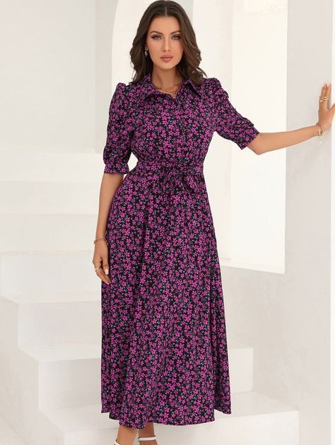 Purple Boho Collar Half Sleeve Fabric Ditsy Floral Shirt Embellished Non-Stretch Spring/Summer Women Clothing Party Wear Evening Gowns, Homemade Closet, Daytime Glam, Holiday Dressing, Swag Outfits For Girls, Shein Dress, Belted Shirt Dress, Maxi Dress Blue, Ditsy Floral