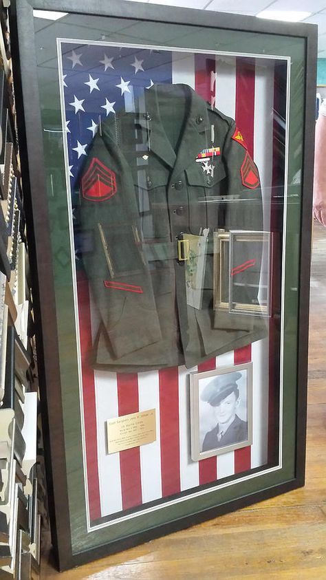 WWII Military Jacket with Plaque and Picture Shadowboxed with an American Flag background. Bill's Custom Framing Custom Framing Ideas, Uniform Display Ideas, Military Uniform Shadow Box Ideas, Jersey Shadow Box Ideas, Military Flag Display Ideas, Military Shadow Box Ideas, Flag Display Ideas, Military Office, Military Shadow Box