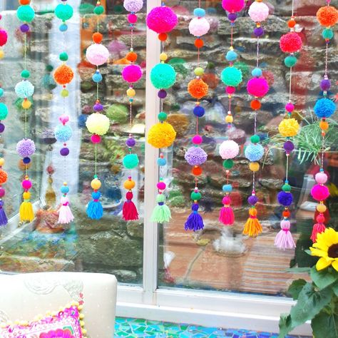 Pom Pom curtain with tassels Pom Pom Curtains, Diy Pom Pom, Tassel Curtains, Lamb Decorations, Pom Pom Crafts, Pom Pom Garland, Easter Bunny Decorations, Crafts To Make And Sell, Easter Crafts For Kids