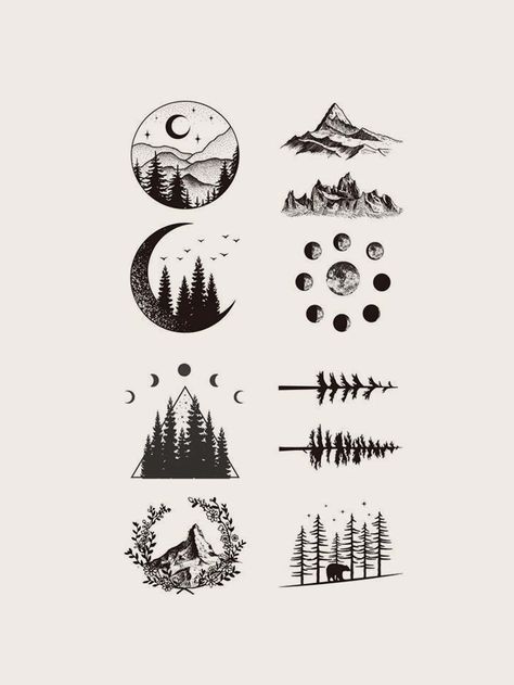 Bear And Tree Tattoo, Small Colorado Tattoo, Small Outdoor Tattoos, Forest Moon Tattoo, Moon Mountain Tattoo, Black Bear Tattoos, Forest Tattoos Women, Mountain Forest Tattoo, Washington State Tattoo