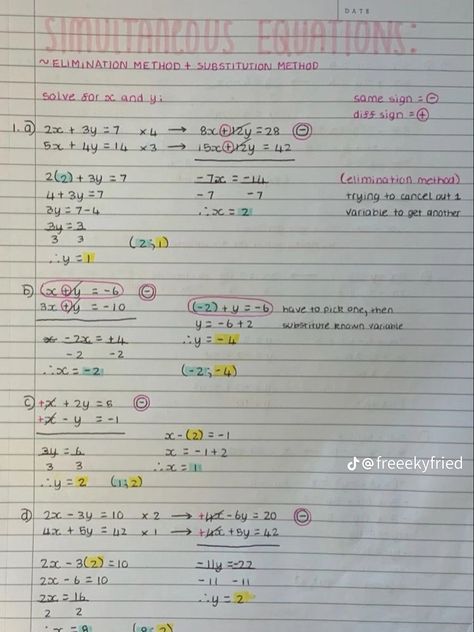 Simultaneous Equations Notes, Math Revision, Gcse Notes, Collage Tips, Algebra Notes, Equations Notes, Maths Notes, 9th Grade Math, Math Study Guide