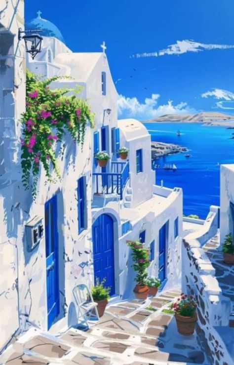 Greece Architecture Drawing, Santorini Wallpaper Iphone, Wallpaper Grecia, How To Draw Sea, Santorini Drawing, Greece Backgrounds, Santorini Greece Painting, Santorini Wallpaper, Santorini Illustration