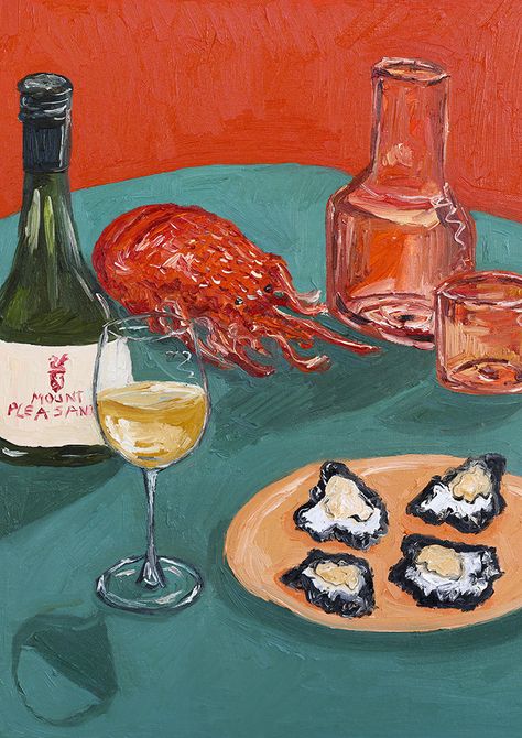 Libby Haines, Oysters Painting, Oysters Aesthetic, Lobster Painting, Oyster Painting, Cake Painting, Oyster Art, Lobster Art, Semillon