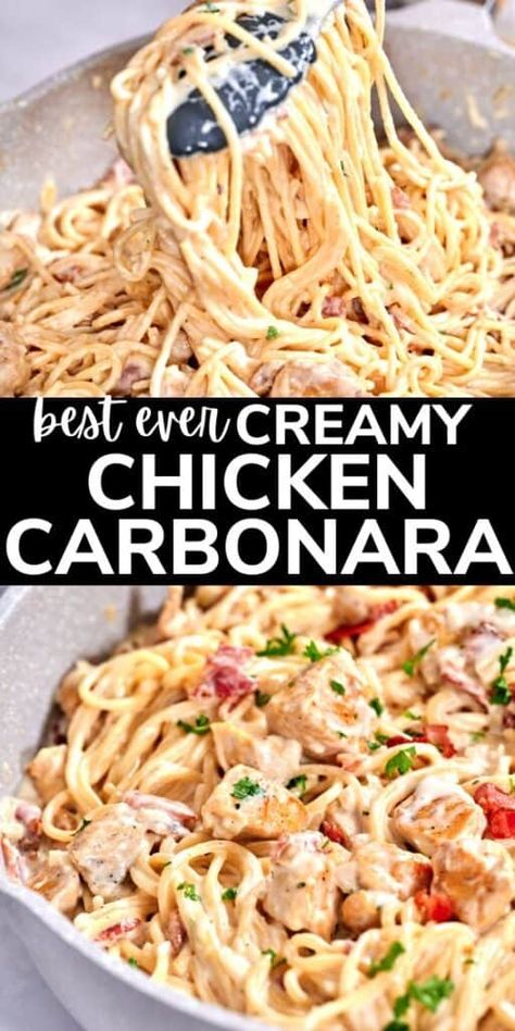 This Chicken Carbonara Pasta is the ultimate weeknight hero, featuring pan-seared chicken, crispy bacon, and a creamy Parmesan sauce. It’s restaurant-quality flavor you can make at home in just 30 minutes. Ultra-creamy and irresistibly good, this chicken pasta puts a new spin on traditional carbonara. Best Ever Chicken Carbonara, Chicken Bacon Parmesan Pasta, Pasta Bacon Carbonara, Chicken Bacon Carbonara Pasta Easy, Sunday Dinner Ideas Pasta, Chicken Carbonara Pasta Recipe, Chicken Parm Pasta Recipes, Creamy Chicken Carbonara Recipe, Best Chicken Carbonara Recipe