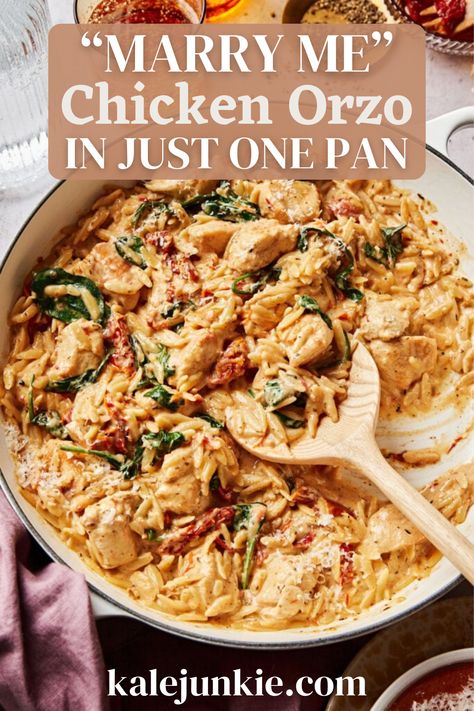 You can make this "Marry Me" Chicken Orzo in Just One Pan with my fantastic recipe! The first bite of this delicious meal will have anyone proposing to you on the spot because it’s truly that good. It also comes together quickly, so whether you’re making something for date night or need a quick weeknight meal, this recipe is divine! Carnivore Dinner, Dinner Pasta, Spring Food, Marry Me Chicken, Chicken Orzo, Sundried Tomato, Pan Meals, Health Dinner, Health Dinner Recipes