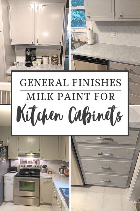 This pin shows 4 smaller photos of my painted kitchen cabinet makeover in light gray. The caption says General Finishes Milk Paint For Kitchen Cabinets Milk Paint Cabinets Kitchens, General Finishes Milk Paint Cabinets, Kitchen Cabinet Makeovers, Milk Paint Cabinets, Milk Paint Kitchen Cabinets, Paint For Kitchen, Painting Laminate Cabinets, Repainting Kitchen Cabinets, Farmhouse Kitchen Countertops