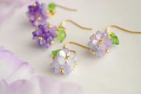 Summer purple  hydrangea earrings cute  earrings floral earrings kawaii earrings statement earrings Very cute and unique handmade earrings for your summer@! size :  length 6cm /2cm                              width 2.5cm           lotus and leaves: Arylic  Hook: 18k gold plated Hydrangea Earrings, Earrings Cottagecore, Purple Hydrangea, Earrings Kawaii, Unique Handmade Earrings, Lotus Earrings, Kawaii Earrings, Hydrangea Purple, Polymer Earrings