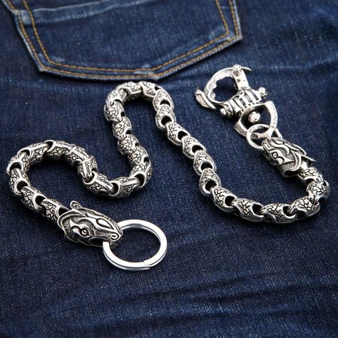 Anaconda Snake Sterling Silver Wallet Chain 23" ~New   crafted from solid 925 sterling silver;   the clasp carries the 925 hallmark stamp;  chain’s weight: approx. 279 g;   chain’s full length: 23” (58 cm);  link width: 13 mm (1/2”);  snake head’s size: 22 mm x 36 mm (0.85” x 1.40”);  made by hand.   Rock your wallet in a stylish and secure manner with this formidable Sterling Silver Anaconda Snake Wallet Chain. It is made for those who’d like to combine functionality with a badass attitude.  Ju Anaconda Snake, Claw Marks, Chain Pants, Silver Wallet, Wallet Chains, Snake Head, Biker Wallet, Chain Drive, Belt Accessories