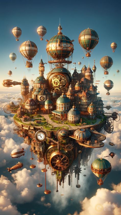 Immerse yourself in the wonder of a steampunk floating island. This fantastical creation combines rustic Victorian elements with advanced steampunk technology. Imagine an island drifting in the sky, adorned with intricate gears, steam-powered engines, and ornate metalwork, all set against a backdrop of billowing clouds. Perfect for those captivated by the blend of historical elegance and futuristic fantasy. Steampunk Floating Island, Sky Ship Fantasy Art, Steampunk Sky City, Steampunk Floating City, Steampunk Backdrop, Steampunk Island, Steam Aesthetic, Steampunk Concept Art, Steampunk Art Fantasy