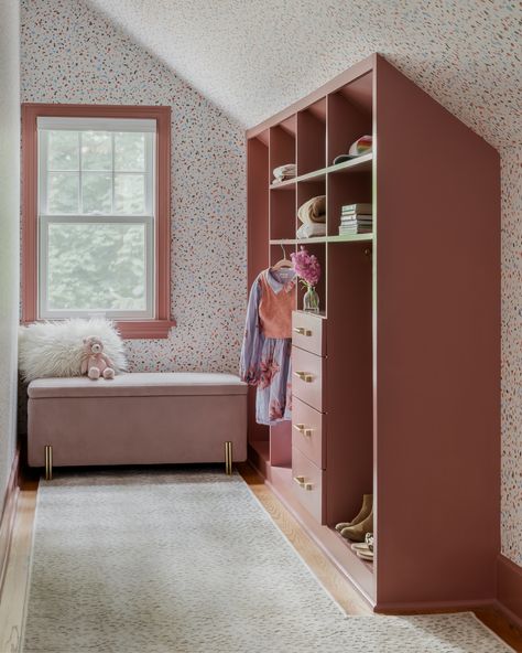 What a pop of personality in this recent remodel with addition for a little girl's room! We had so much fun bringing this closet to life with a bold, colorful wallpaper on a crisp white background, perfectly paired with pink trim that matches the custom closet built-ins. It's all in the details! . . . . . Architect: @cbharchitects Kitchen Cabinets: @e.mathewswoodworking --- #HomeAddition #CustomCloset #InteriorDesign #RGHDevelopment #HomeRenovation #ClosetGoals #ColorfulDesign #HomeAddit... Girls Room Built Ins, Closet Built Ins, Pink Bedroom For Girls, Children's Bedrooms, Home Addition, Closet Goals, Custom Closet, Pink Trim, Bedroom Paint