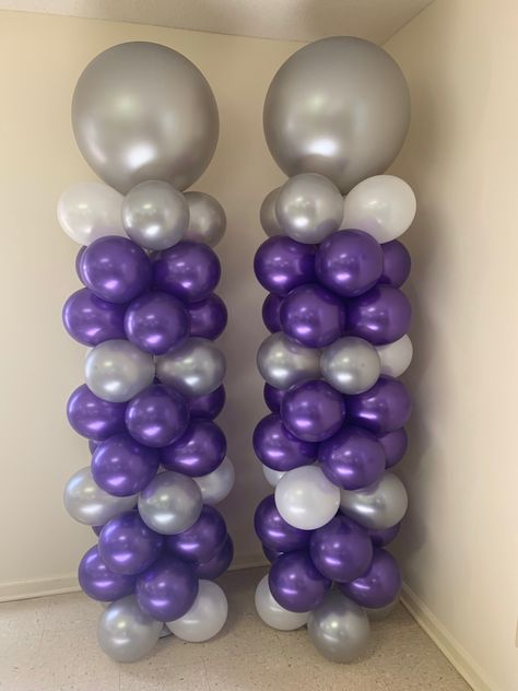 Purple Birthday Party Decorations, Purple Party Decorations, Silver Party Decorations, Purple And Silver Wedding, Purple Birthday Party, Quince Decorations, Purple Balloons, Purple Birthday, Balloon Stands