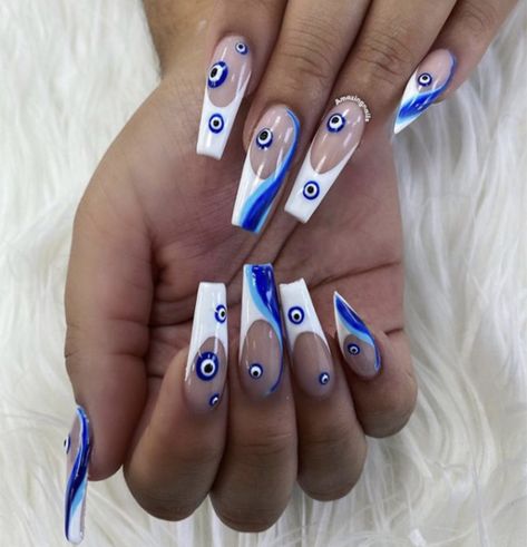 Multi Colored Eyes, Coat Guide, Evil Eye Nails, Royal Blue Nails, Space Nails, Room Green, Evil Eye Design, Eye Nails, Long Acrylic Nails Coffin