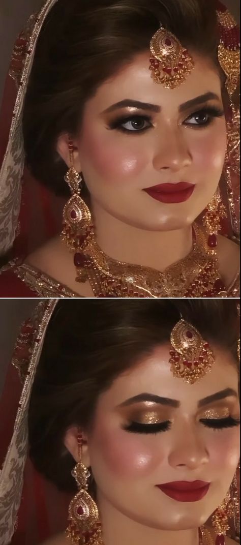 Pakistani Bridal Eye Makeup Barat, Bridal Makeup Looks Pakistani, Party Wear Makeup Look, Pakistani Bride Makeup, Eye Liner Tips, Bold Bridal Makeup, Bridal Makeup Pakistani, Maroon Dress Makeup, Liner Hacks