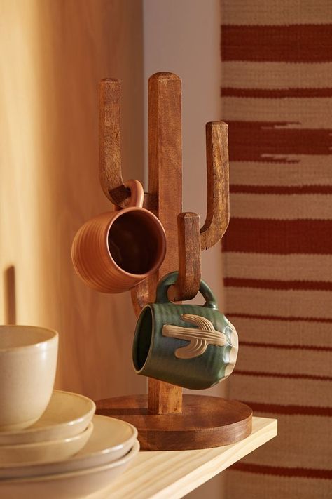 Kitchen Countertop Organization Ideas, Cactus Mug, Kitchen Countertop Organization, Wood Mug, Western Kitchen, Rustic Mugs, Coffee Cup Holder, Wooden Cup, Mug Tree