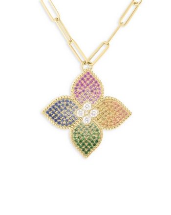 Roberto Coin 18K Yellow Gold Venetian Princess Diamond (0.35 ct. t.w.), Green Tsavorite (0.47 ct. t.w.) & Multi-Sapphire (1.55 ct. t.w.) Floral Pendant Necklace, 33 Floral Pendant Necklace, Roberto Coin, Multi Sapphire, Floral Pendant, Princess Diamond, All That Glitters, Gold Jewelry, Multi Color, Sapphire