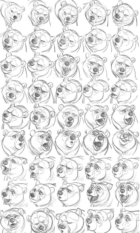 Aaron Blaise Aaron Blaise Art, Anthropomorphic Bear, Bear Character Design, Aaron Blaise, Expression Sheet, Bear Drawing, Bear Character, Character Model Sheet, Disney Sketches