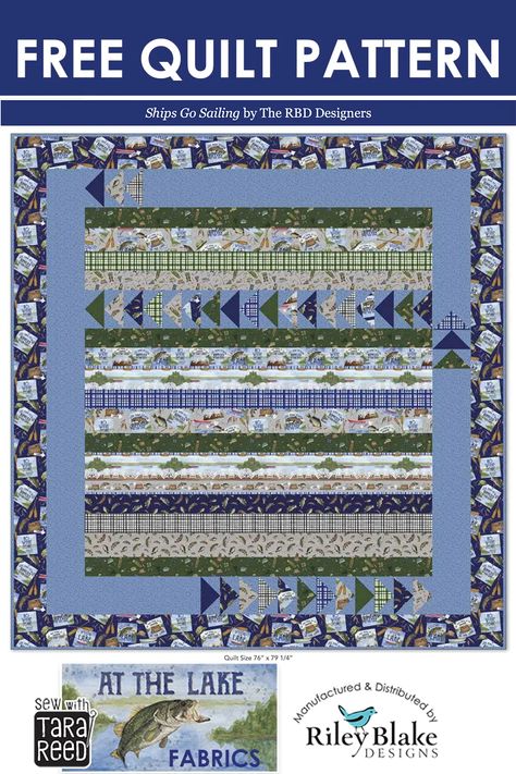 Want to make a large quilt for a picnic by the lake or an oversized lake themed lap quilt? The Ships go Sailing won't disappoint (and it's FREE!) #freequiltpattern #atthelakefabric #tarareeddesigns #lakefabric #rileyblakedesigns #quiltingfabric #fabric #lakethemefabric Picnic By The Lake, Lake Theme, By The Lake, A Picnic, Lap Quilt, Quilt Sizes, Riley Blake Designs, Quilt Patterns Free, Fabric Design