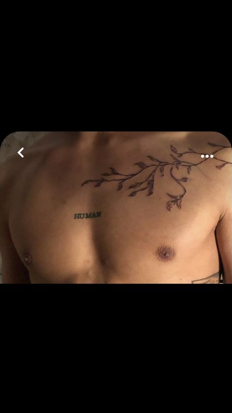 Chest Branch Tattoo, Front Delt Tattoos, Thorn Shoulder Tattoo, Linework Chest Tattoo, Vines On Chest Tattoo, Floral Shoulder Tattoo Men, Vine Tattoos Chest, Leaves On Shoulder Tattoo, Branch Sleeve Tattoo