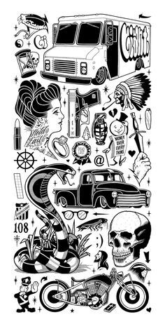 POSTERS | Mike Giant.com Giant Tattoo, Mike Giant, Tattoo Flash Sheet, Doodle Tattoo, Geniale Tattoos, Old School Tattoo Designs, Car Tattoos, Giant Art, Tattoo Flash Art