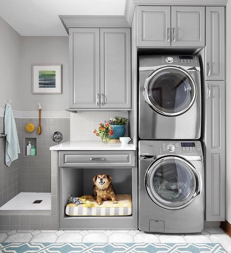 Laundry room with stacked washer/dryer, a built-in dog bed and a dog wash. Grey Laundry Rooms, Room Storage Diy, Dog Washing Station, Dream Laundry Room, Mudroom Laundry Room, Laundry Room Layouts, Laundry Room Renovation, Farmhouse Laundry Room, Laundry Room Remodel