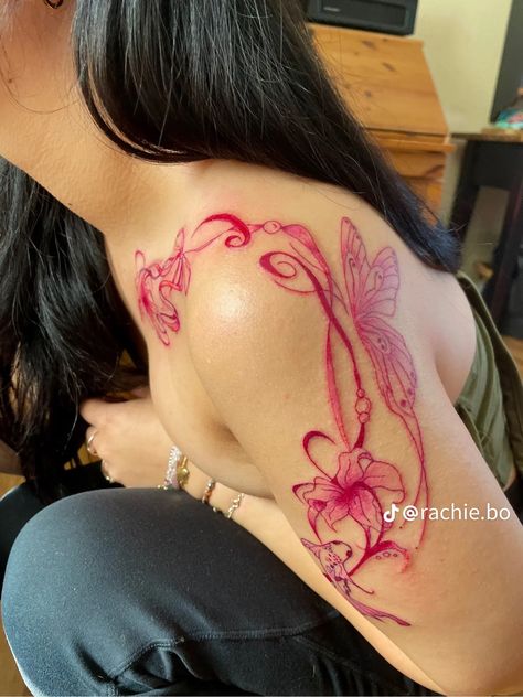 Petite Back Tattoos For Women, Colored In Tattoos, Adding To A Tattoo Ideas, Fem Tattoo Ideas, Red Tattoos For Women Dark Skin, Pretty Red Tattoos, Butterfly On Back Tattoo, Poc Tattoo, Pretty Feminine Tattoos