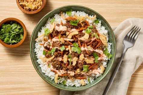 Ginger Soy Beef Bowls Recipe | HelloFresh Ginger Soy Beef Bowls, Hello Fresh Rice Bowl Recipe, Hello Fresh Rice Bowl, Beef Bowl Recipe, Hellofresh Recipes, Jasmine Rice Recipes, Weeknight Dinner Recipes, Beef Bowl, Beef Bowls