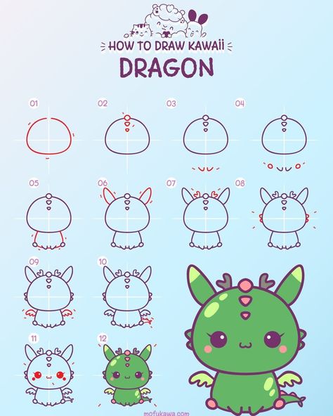 @mofukawa posted to Instagram: Here's another 12 step lesson to try. Today it's a cute dragon. Change the colors to completely change the look/feel of the dragon. Easy for kids & beginners. Step by Step Instructions + Video can be found on our website https://www.mofukawa.com ⁣#dragons #cutedragon #mofukawa #draw_art #kawaii l #markers #arts_help #sharingart #artistic_nation #coloredpencils #artistic_share #tutorial #arts_secret #howtodraw #artofdrawingg Storyboard Inspiration, Easy Halloween Drawings, Easy Dragon Drawings, Draw Kawaii, Chibi Dragon, Fun Doodles, Drawing Kawaii, Cute Dragon Drawing, Planner Doodles