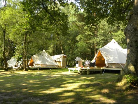 High-end glamping in a tree-fringed field, complete with kingsized beds, wood-burning stoves and private bathrooms. Campsite Decorating, Family Glamping, Canvas Bell Tent, Glamping Resorts, Camping Set Up, Luxury Glamping, Glamping Site, Bushcraft Camping, Bell Tent