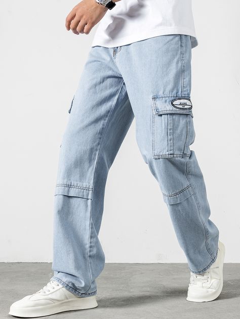 Light Wash    Denim Plain Straight Leg  Non-Stretch  Men Denim Crop Top Outfits, Outfits With Baggy Jeans, Denim Pants Outfit, Zara Man Jeans, Jeans Outfit Men, Pants Outfit Men, Trendy Pants, Zara Outfit, Prom Dresses With Sleeves