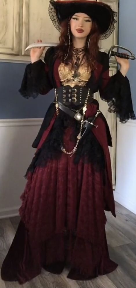 Red Pirate Dress Aesthetic, Red And Black Pirate Outfit, Women Pirate Cosplay, Lady Pirate Outfit, Goth Pirate Aesthetic, Pirate Prom Dress, Thrifted Pirate Costume, Pirate Witch Costume, Gothic Pirate Outfit