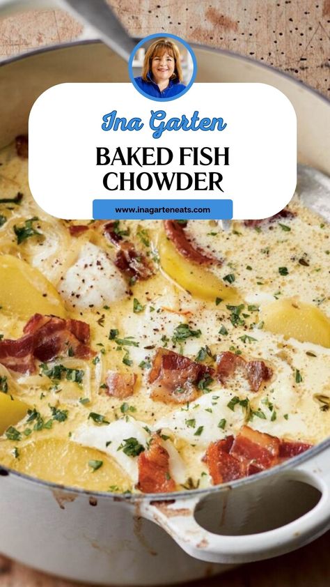 Ina Garten Baked Fish Chowder Cod Dinner Recipes, Smoked Haddock Chowder, Haddock Chowder Recipe, Fish Chowder Recipe, Bisque Recipes, Cod Fillets, Seafood Stock, Fish Chowder, Gold Potatoes