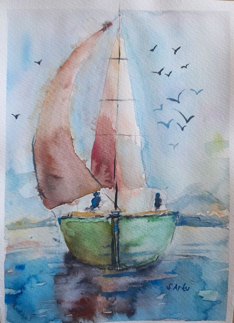 Sailboat Painting Watercolor, Abstract Watercolor Tutorial, Sailboat Watercolor, Coastal Watercolor, Beach Art Painting, Learn Watercolor Painting, Watercolor Art Landscape, Sailboat Art, Sailboat Painting