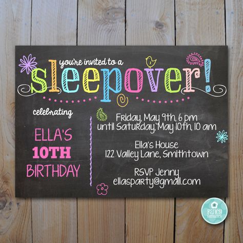 Printable Sleepover Party Invitation /  Chalk and Neon / Instant Download  /  INVITATION TEMPLATE / #5504 by FancyShmancyNotes on Etsy https://www.etsy.com/listing/188709657/printable-sleepover-party-invitation Spa Birthday Invitations, Sleepover Invitation, Sleepover Invitations, Pyjamas Party, Chalkboard Birthday, Party Neon, Chalkboard Invitation, Dinosaur Birthday Invitations, Spa Birthday