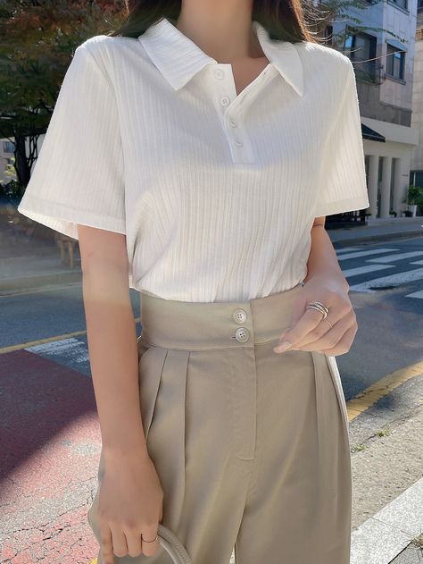 White Casual Collar Short Sleeve Fabric Plain  Embellished Slight Stretch  Women Clothing Polo Shirt Outfits, Polo Outfit, Polo Shirt Women, Collars For Women, Polo Neck, Knit Tees, Casual Style Outfits, Mode Inspiration, School Outfit