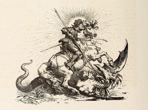 Saint George And The Dragon, Medieval Drawings, Medieval Tattoo, Knight Tattoo, Kunst Tattoos, Tattoo Style Drawings, Giclee Painting, Black Ink Tattoos, Dragon Drawing