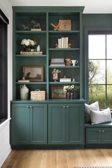 Anna Jane | Home Inspiration, Modern, Tudor, home sweet home, interior design, study, renovation, home decor, bookshelf, teal Green Bookshelves, Masculine Home Office Ideas, Green Home Offices, Masculine Home Office, Modern Country Home, Modern Tudor, Home Office Shelves, Zimmer Diy, Lots Of Books