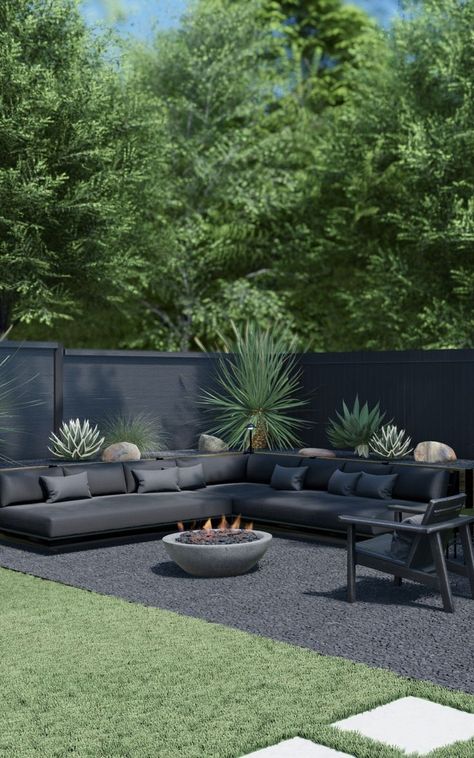 Black Gravel Fire Pit Area, Modern Outdoor Landscape, Black Fire Pit Ideas Backyard, Amazing Backyard Landscaping, Black Backyard, Farmhouse Fire Pit, Outdoor Fire Pit By Pool, Cozy Firepits Backyard Ideas, Pool Fire Pit