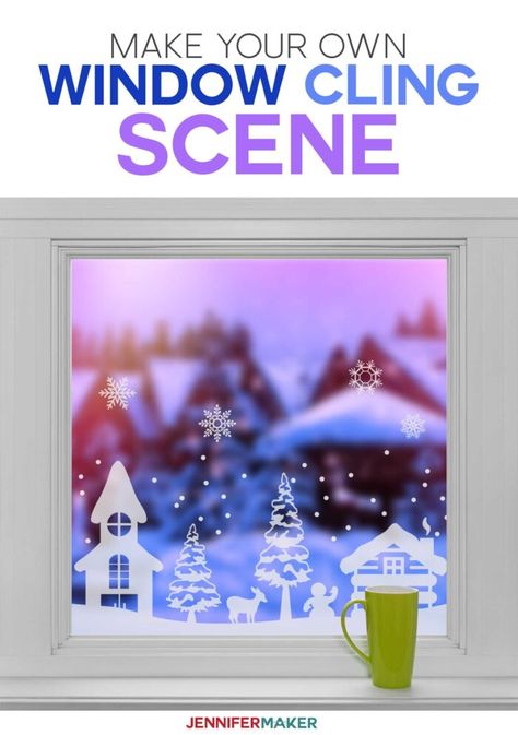 Make Your Own Winter Scene Window Cling with window cling vinyl and a Cricut in this tutorial with free SVG cut files #cricut #window #winter Cricut Window Cling Ideas Christmas, Christmas Window Clings Cricut, Diy Window Clings Cricut, Cricut Christmas Window Decorations, Cricut Window Projects, Window Clings Cricut, Window Cling Ideas, Cricut Window Cling Ideas, Diy Window Clings