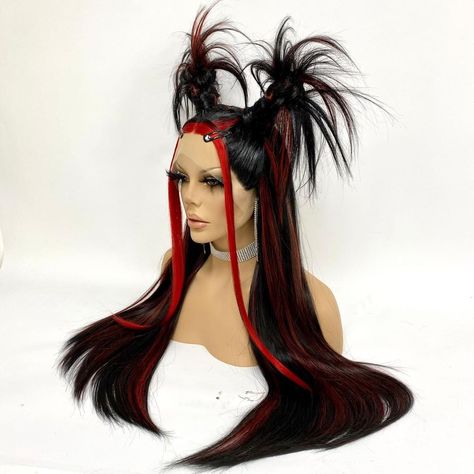 Cool Wig Hairstyles, Drag Hair Wigs, Alt Wig Hairstyles, Drag Wigs Styling, Drag Hairstyles, Unique Wig Hairstyles, Red And Black Wig, Styled Wigs, Drag Queen Wigs