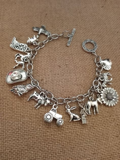 Sweet country life on the farm charm bracelet. Made with stainless steel and zinc alloy metals. Western Charm Bracelet, Life On The Farm, Custom Charm Bracelet, Jewelry Wishlist, Charm Bracelet Silver, Charms For Bracelets, Beads Bracelet Design, Jewelry Accessories Ideas, Custom Charms