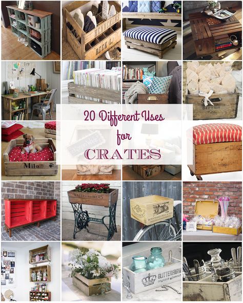 I am cleaning my crafting room and I've used some wood to make some crates and put my stuff into to have it organized. It turns out that we can not only use them to sort things out, but they have much more creative uses. Here will you find 20 different uses we can give them. It clicking on the image it will take you to the source. Crate Crafts, Pallet Crates, Crate Diy, Furniture Redo, Recycled Projects, Wood Crates, Wooden Crates, Crafty Diy, Repurposed Furniture