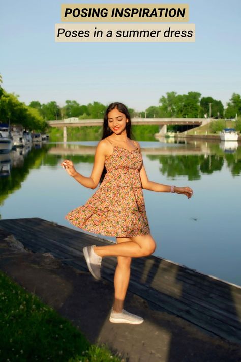 Simple Short Dress Poses, Dresses Poses Ideas, Photo Pose In Dress, Poses In Knee Length Dress, Pose For Short Dress, Short Dress Pic Ideas, One Piece Dress Poses Idea, Short Frock Photoshoot Poses, Poses On Dress