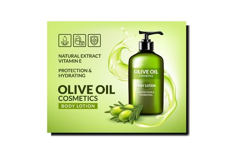 Olive Oil Body Lotion Promotional Poster Vector. Olive Natural Extract Cosmetic Blank Bottle With Pump, Splash And Tree Berries On Advertising Banner. Stylish Concept Template Illustration Lotion Poster Design, Lotion Background Design, Body Lotion Ads, Body Lotion Design, Olive Oil Lotion, Advertising Banner, Promotional Poster, Blank Bottle, Rosemary Oil